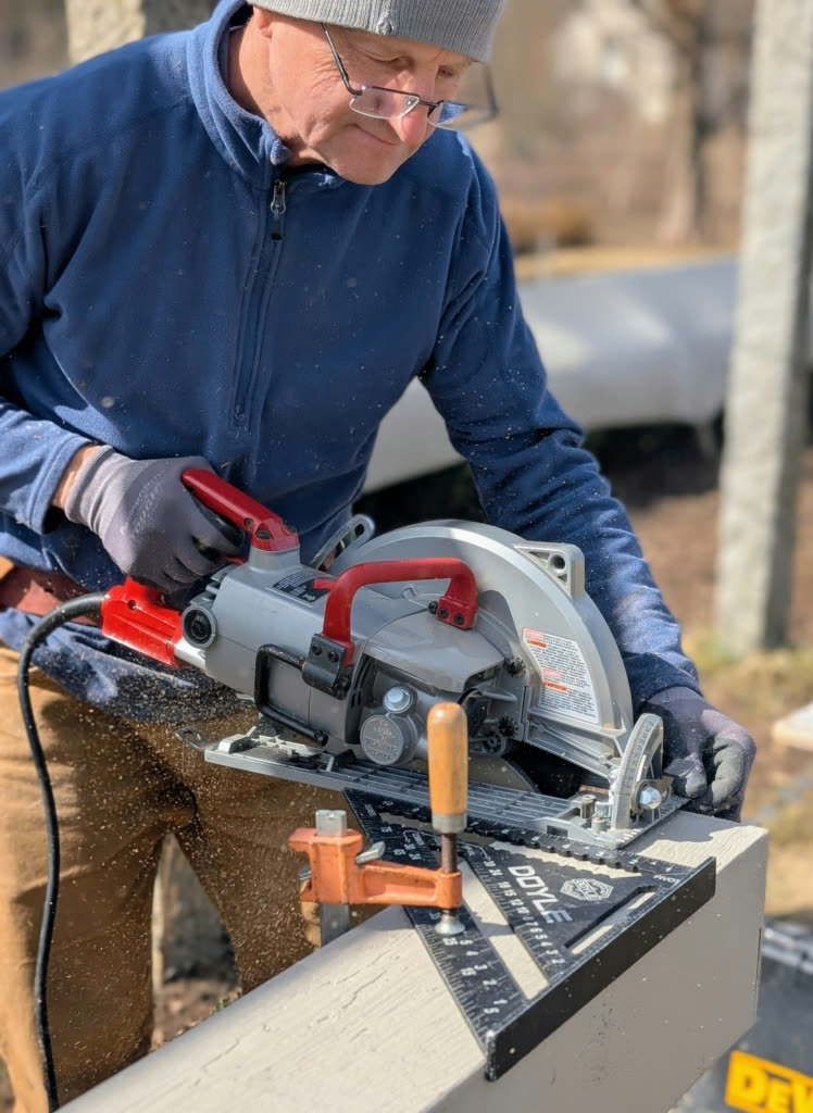 Dmitri Logvinski guiding a circular saw along a speed square to trim a cedar beam